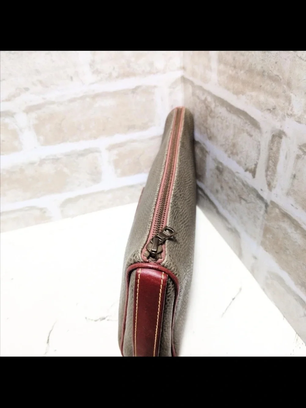 Mulberry Pebbled Leather Zip Pouch in Taupe with Red Accents
